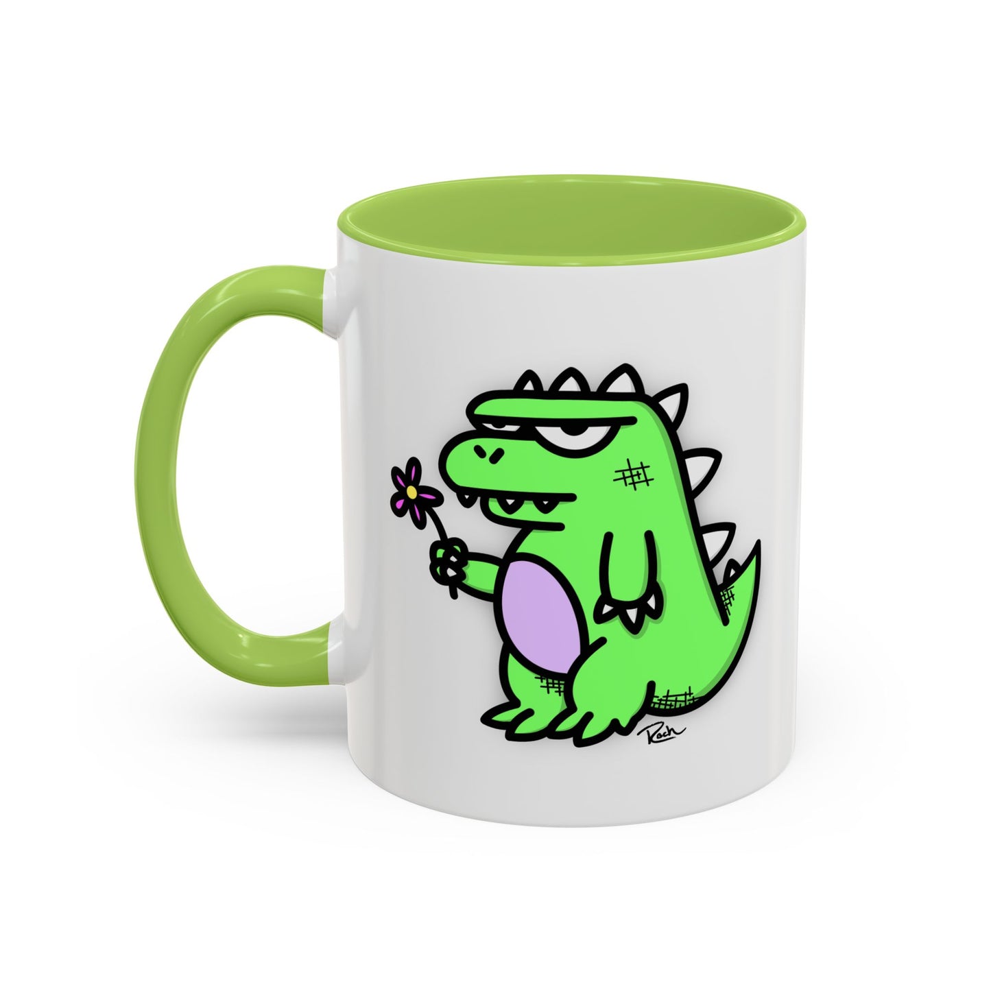 "SPRINGASAURUS" - Green Grumpy Dino Coffee Mug — Cute Cartoon Dinosaur Accent Mug (11/15 oz)